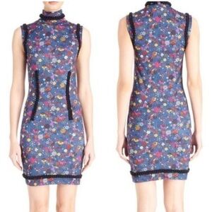 Kenzo Tanami Floral Bodycon Mock Neck Mini Dress in Duck Blue S